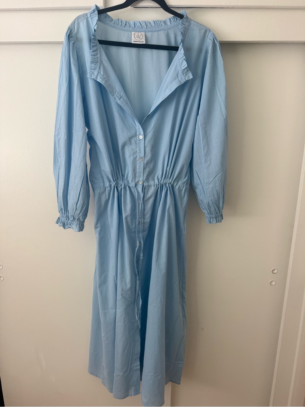 Laneway the Label Blue Maxi Shirt Dress with Elastic Waist and Ruffle Trim- NWOT